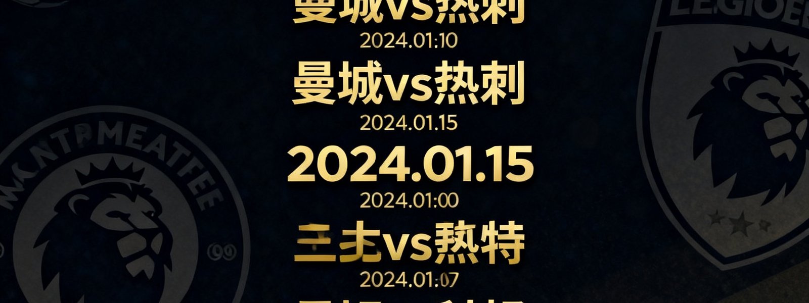 一月份英超联赛焦点赛程海报合集，包含曼联对纽卡斯尔、曼城对热刺等多场关键对决的时间和对阵信息，设计采用深色背景配金色文字